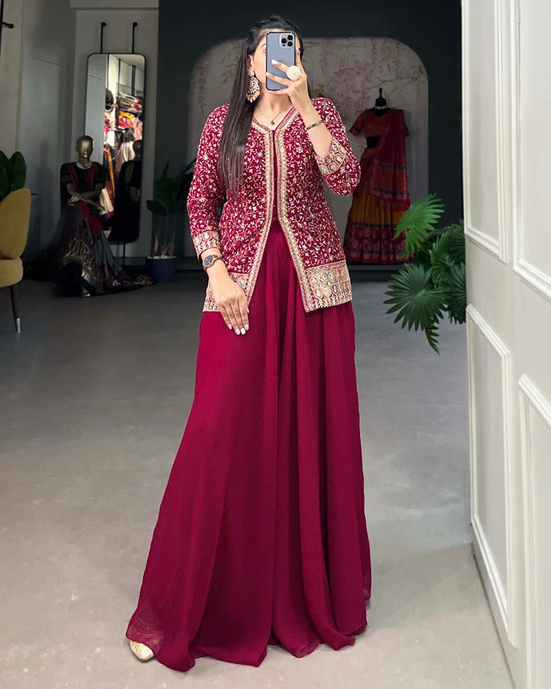 Rani Pink Color Embroidery Work Georgette Plazo Suit