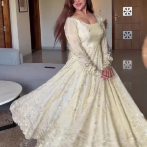 ✨ Ivory Luminescence: Scalloped Zari Anarkali Gown