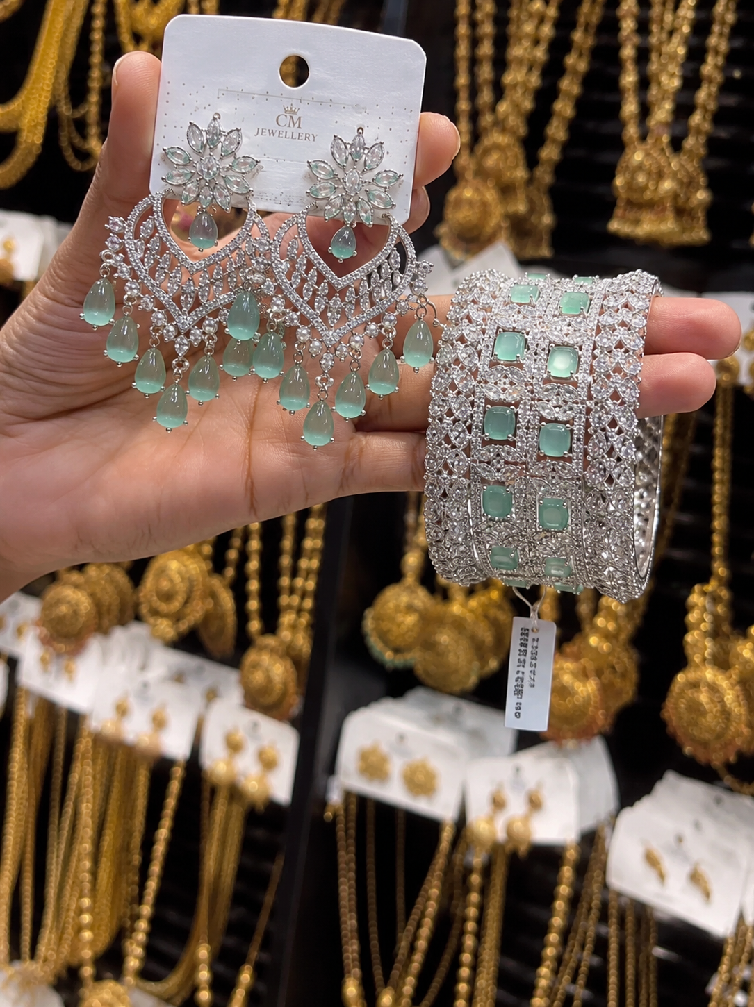 Mint Stone Jewelry Set (Earrings & Bangles)
