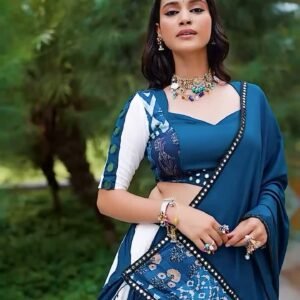 Chaniya Choli – Teal and White with Elephant Print Dupatta
