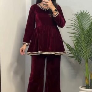 Winter Cord Set – Maroon Velvet Striped Trim