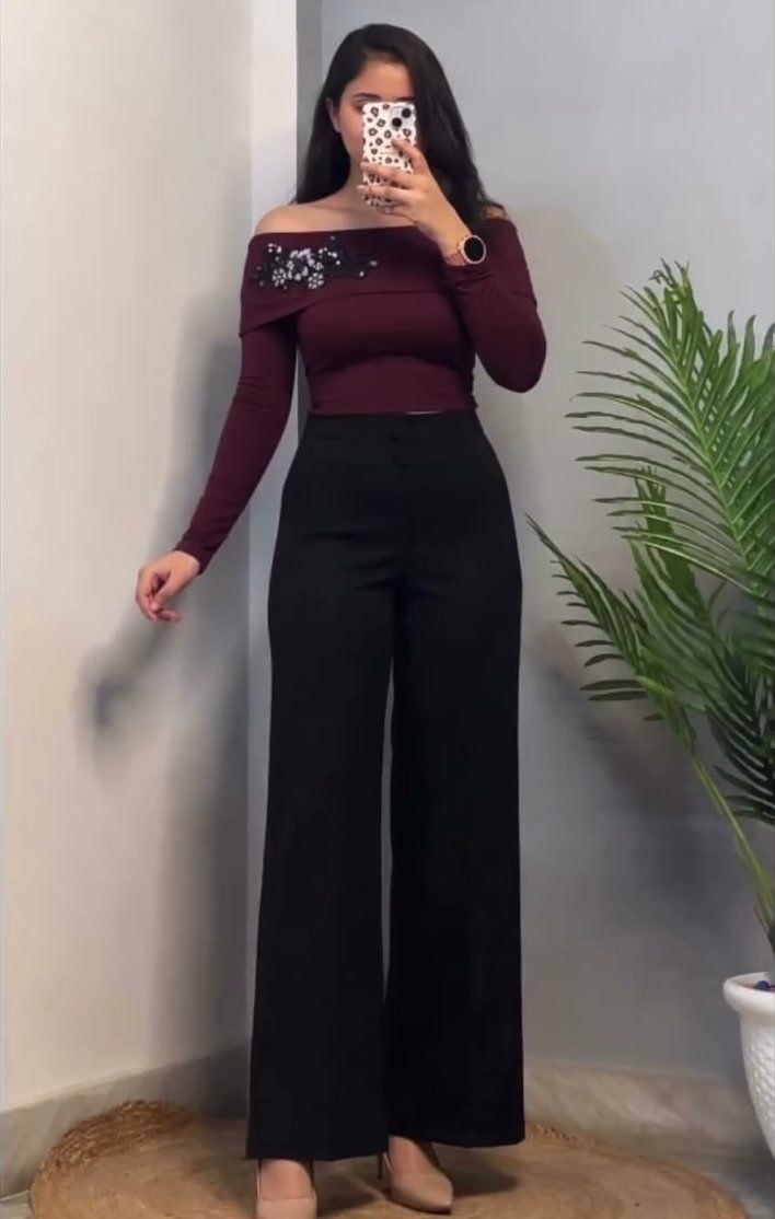 Modest Full Sleeves Top – Maroon Off-Shoulder Embellished