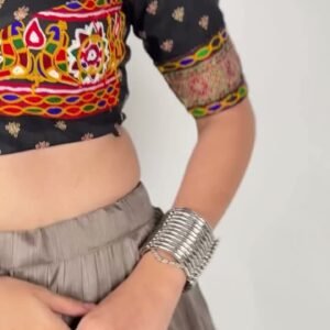 Chaniya Choli – Grey Printed with Mirror Work Dupatta