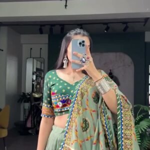 Chaniya Choli – Green Printed with Mirror Work Dupatta