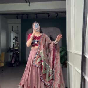 Chaniya Choli – Dusty Pink Printed with Mirror Work Dupatta