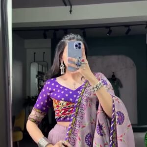 Chaniya Choli – Lavender Printed with Mirror Work Dupatta