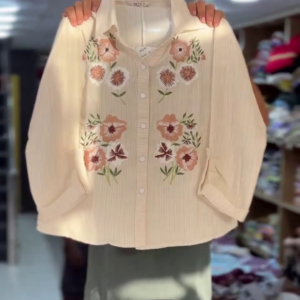 🌸  Elegant Cream Floral Embroidered Button-Front Shirt – Sophisticated Full-Sleeve Women’s Casual & Festive Fashion Top ✨🤍