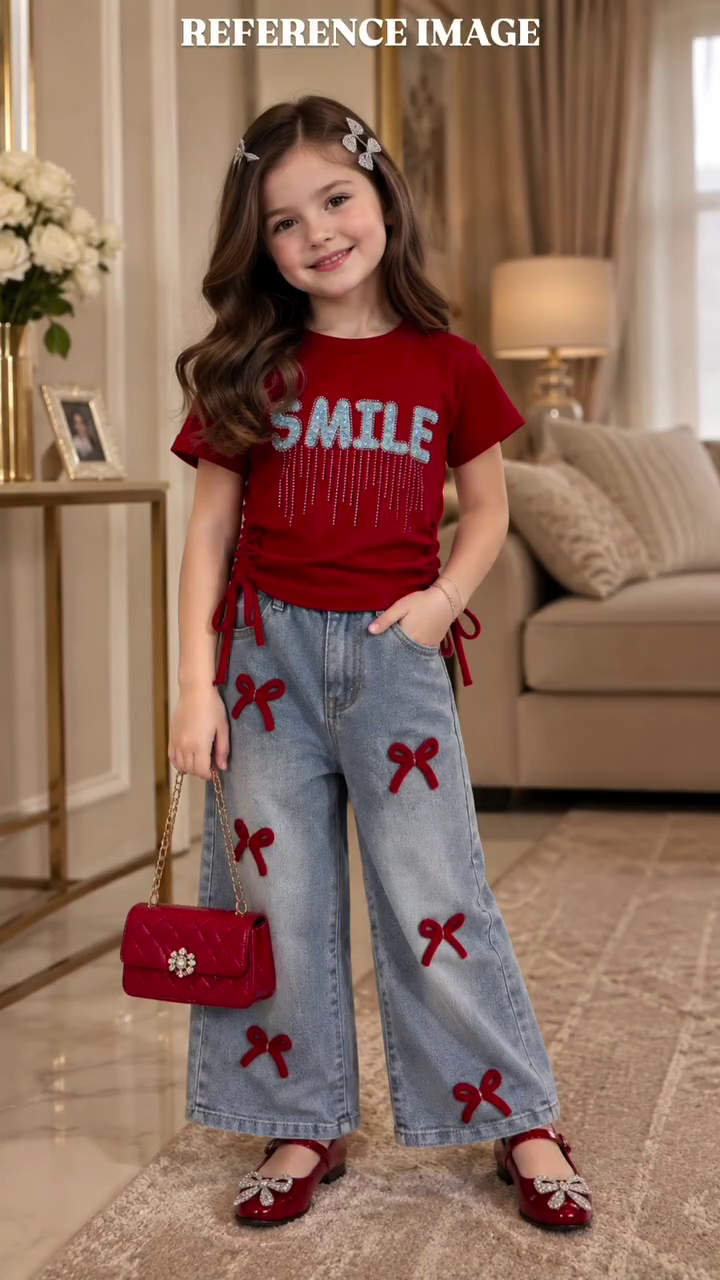 🎀  Cute Girls’ Burgundy “Smile” Graphic Top with Bow-Detail Denim Shorts – Trendy Stylish Kids’ Two-Piece Casual Outfit 👧❤️