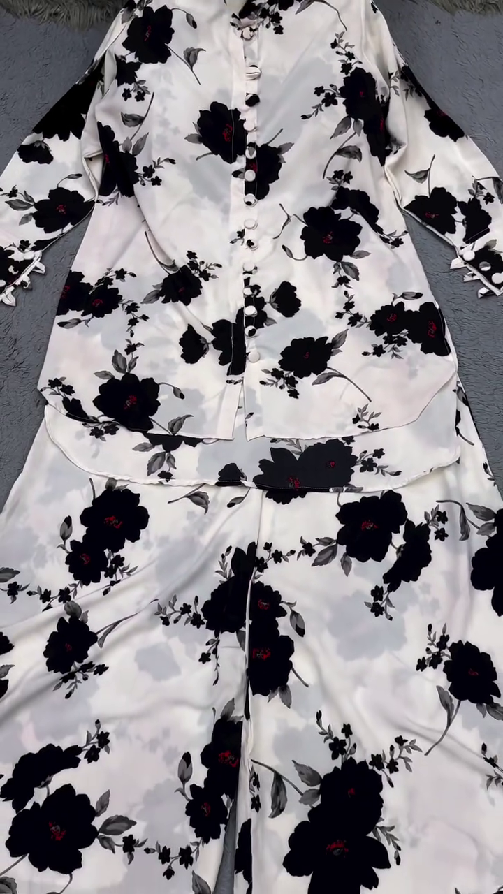 🖤  Premium White & Black Floral Printed Women’s Co-Ord Shirt & Wide-Leg Pants Set – Sophisticated Contemporary Casual Outfit 🌺✨