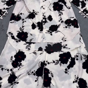 🖤  Premium White & Black Floral Printed Women’s Co-Ord Shirt & Wide-Leg Pants Set – Sophisticated Contemporary Casual Outfit 🌺✨