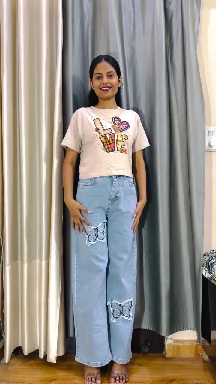 Premium Elegant Layered Casual Top with Relaxed Wide-Leg Denim Pants Co-Ord Set ✨