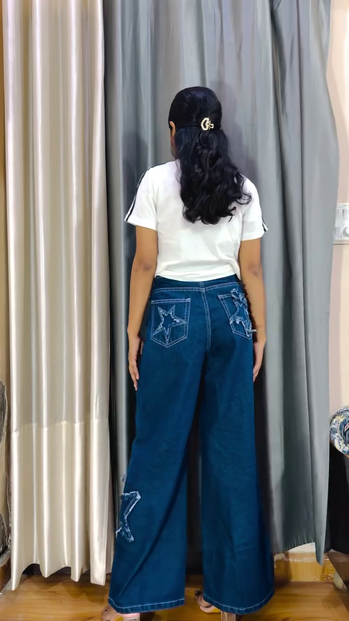 Premium Elegant Layered Casual Top with Relaxed Wide-Leg Denim Pants Co-Ord Set ✨