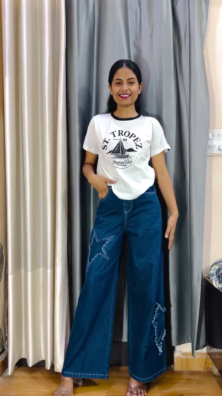 Premium Elegant Layered Casual Top with Relaxed Wide-Leg Denim Pants Co-Ord Set ✨
