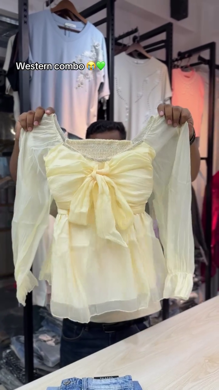 💛 Elegant Cream Yellow Sheer Bow-Front Women’s Blouse – Romantic Long-Sleeve Statement Top with Gathered Detailing ✨🌸
