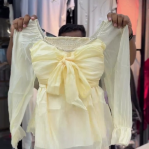 💛 Elegant Cream Yellow Sheer Bow-Front Women’s Blouse – Romantic Long-Sleeve Statement Top with Gathered Detailing ✨🌸