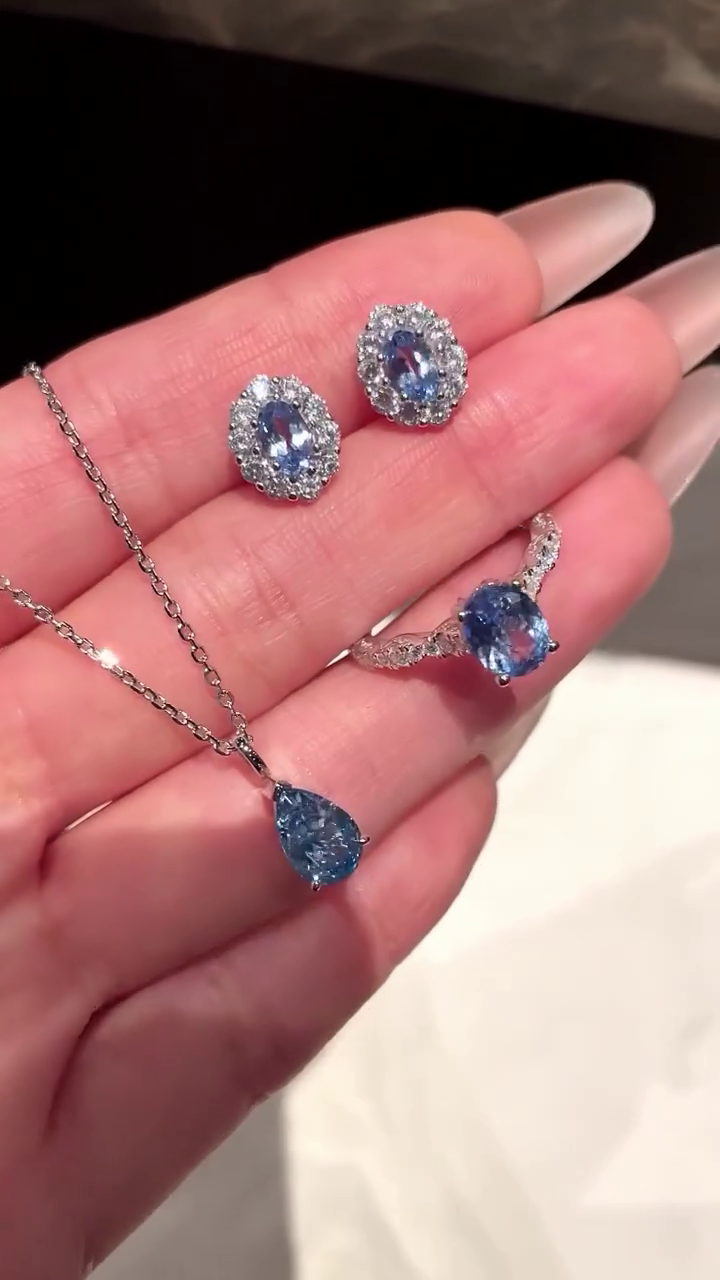 💙  Elegant Sapphire Blue Crystal-Style Jewellery Set – Sparkling Pendant Necklace with Matching Stud Earrings & Statement Ring ✨💎