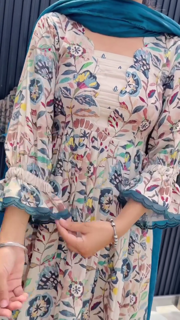 Premium Multicolour Floral Printed Flared Anarkali Kurta with Coordinated Straight Pants and Contrast Teal Dupatta – Elegant Traditional & Contemporary Ethnic Wear Set for Women 🌺💙