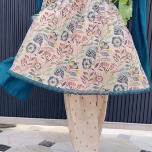 Premium Multicolour Floral Printed Flared Anarkali Kurta with Coordinated Straight Pants and Contrast Teal Dupatta – Elegant Traditional & Contemporary Ethnic Wear Set for Women 🌺💙