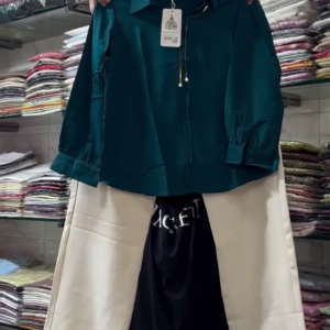 ✨ Premium Teal Blue Full-Sleeve Collared Shirt with Front Zip Detail, Stylish Cuffed Sleeves & Coordinated Cream Wide-Leg Trousers Fashion Set ✨