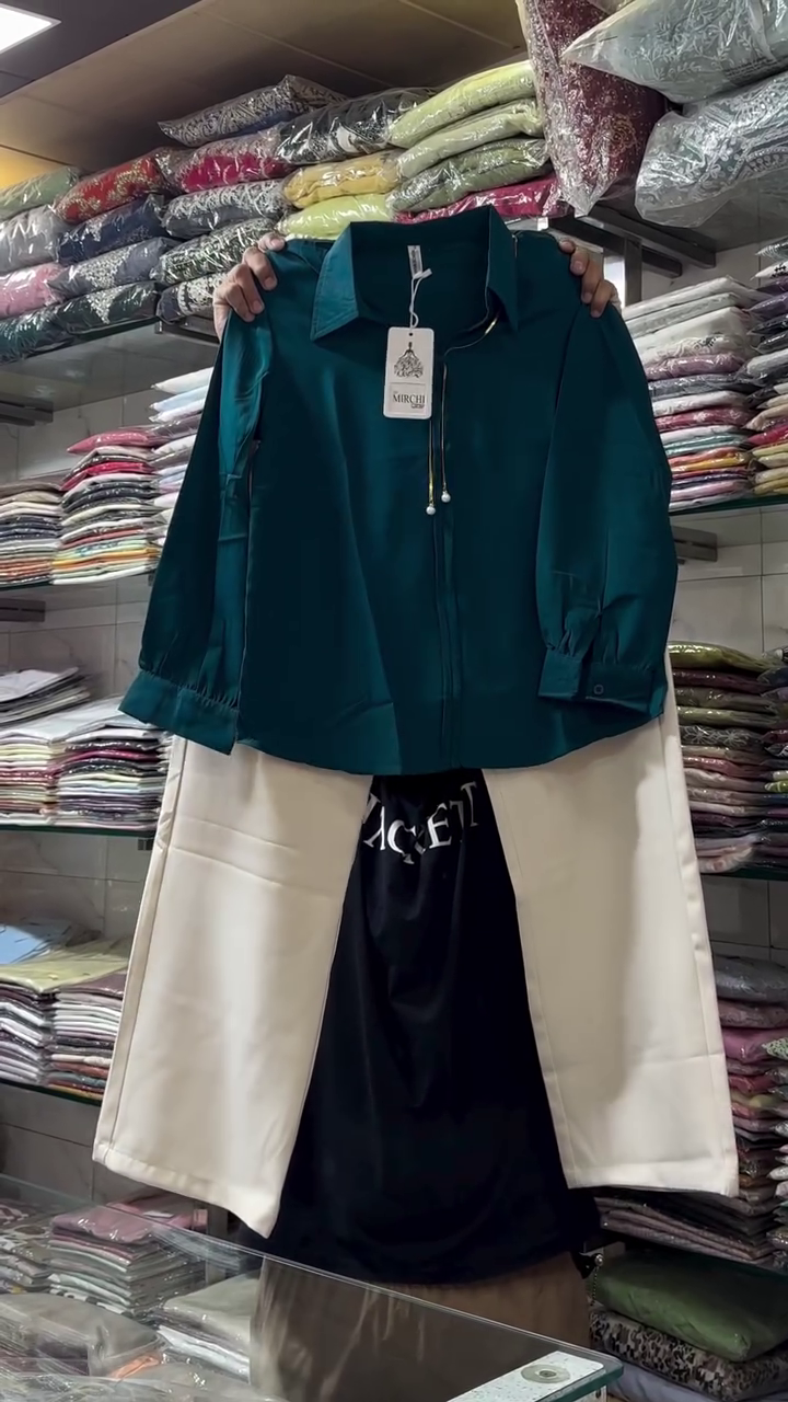 ✨ Premium Teal Blue Full-Sleeve Collared Shirt with Front Zip Detail, Stylish Cuffed Sleeves & Coordinated Cream Wide-Leg Trousers Fashion Set ✨