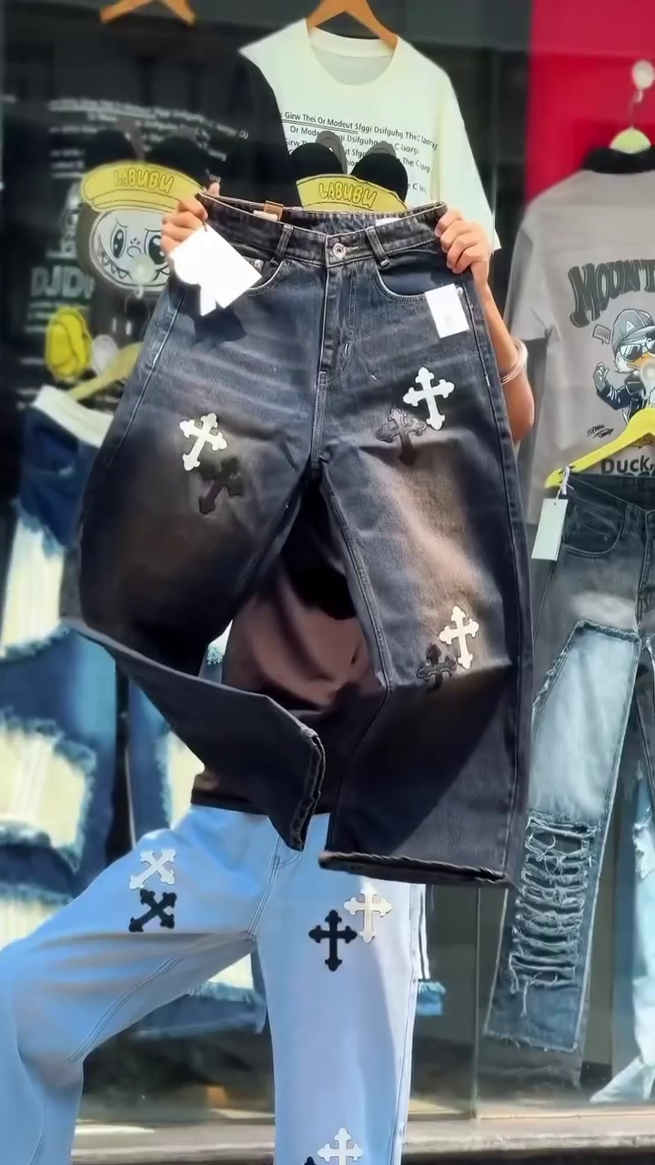 ✝️ Premium Cross Embroidery Trendy Straight-Fit Denim Jeans