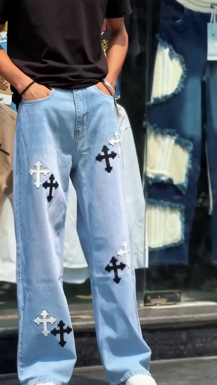 ✝️ Premium Cross Embroidery Trendy Straight-Fit Denim Jeans