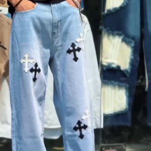 ✝️ Premium Cross Embroidery Trendy Straight-Fit Denim Jeans