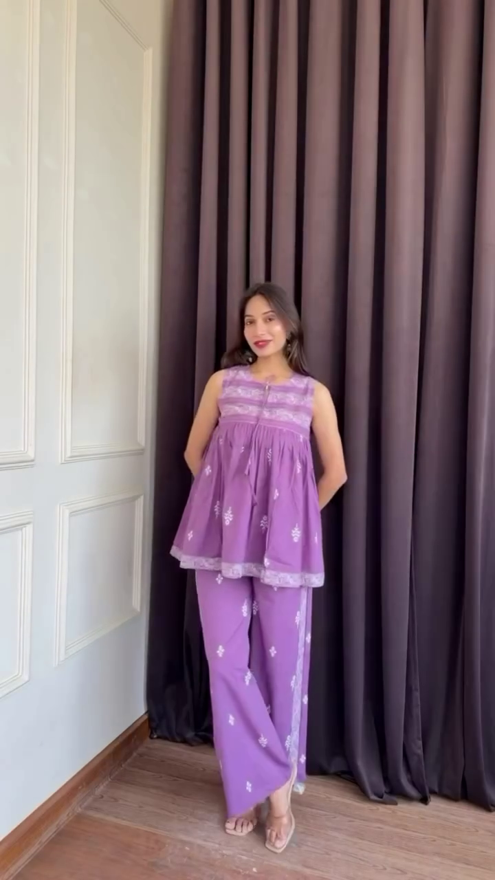 💜  Premium Lavender Embroidered Sleeveless Peplum Top & Palazzo Co-Ord Set