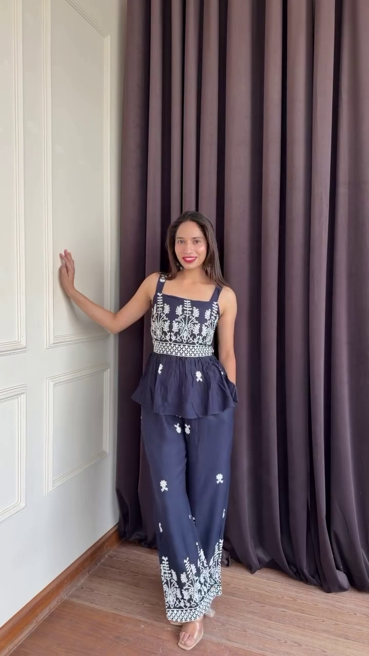 💜  Premium Lavender Embroidered Sleeveless Peplum Top & Palazzo Co-Ord Set