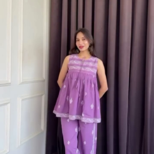 💜  Premium Lavender Embroidered Sleeveless Peplum Top & Palazzo Co-Ord Set
