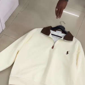Premium Cream White Half-Zip Sweatshirt with Contrast Brown Collar & Minimal Equestrian-Inspired Chest Embroidery ✨🧥