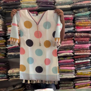 Elegant Multicolour Polka Dot Printed Women’s V-Neck Tunic with Striped Sleeves, Decorative Tassels & Front Zip Detail ✨👗