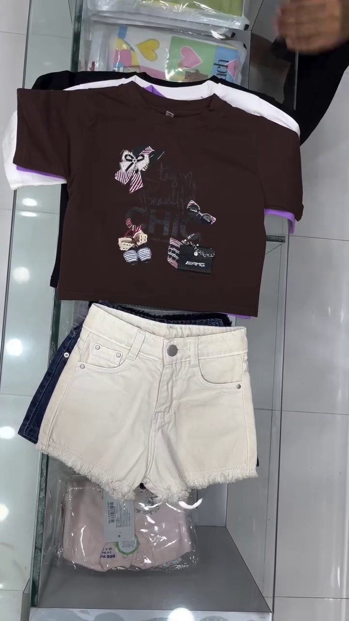 Cute Baby Girl Stylish Graphic Crop-Style T-Shirt with Denim Shorts – Trendy Casual Kids Summer Outfit Set