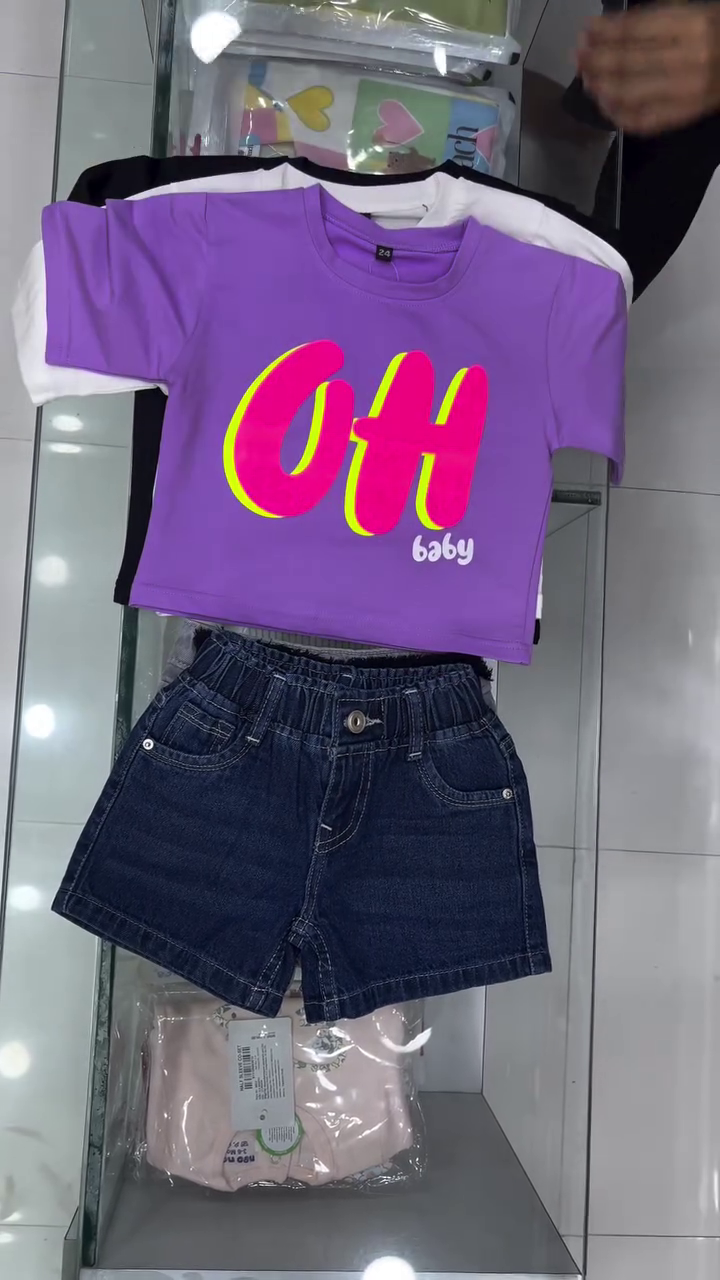 Cute Baby Girl Stylish Graphic Crop-Style T-Shirt with Denim Shorts – Trendy Casual Kids Summer Outfit Set
