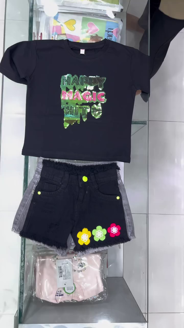 Cute Baby Girl Stylish Graphic Crop-Style T-Shirt with Denim Shorts – Trendy Casual Kids Summer Outfit Set