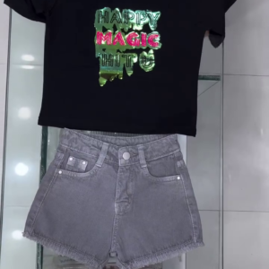 Cute Baby Girl Stylish Graphic Crop-Style T-Shirt with Denim Shorts – Trendy Casual Kids Summer Outfit Set