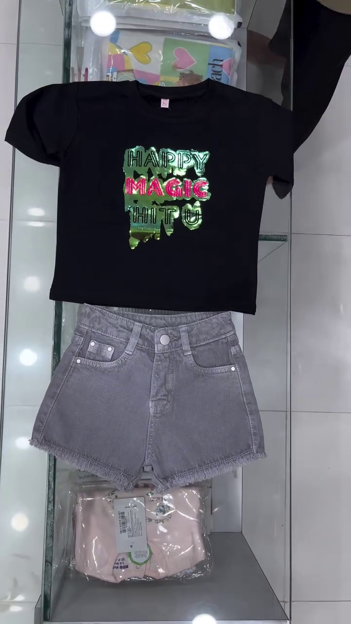 Cute Baby Girl Stylish Graphic Crop-Style T-Shirt with Denim Shorts – Trendy Casual Kids Summer Outfit Set