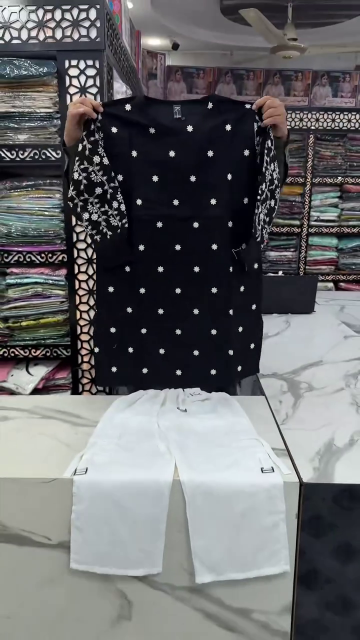 Elegant Black & White Embroidered Kurta with Floral Sleeve Detailing and Matching White Straight Pants Set 🌸✨