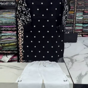 Elegant Black & White Embroidered Kurta with Floral Sleeve Detailing and Matching White Straight Pants Set 🌸✨