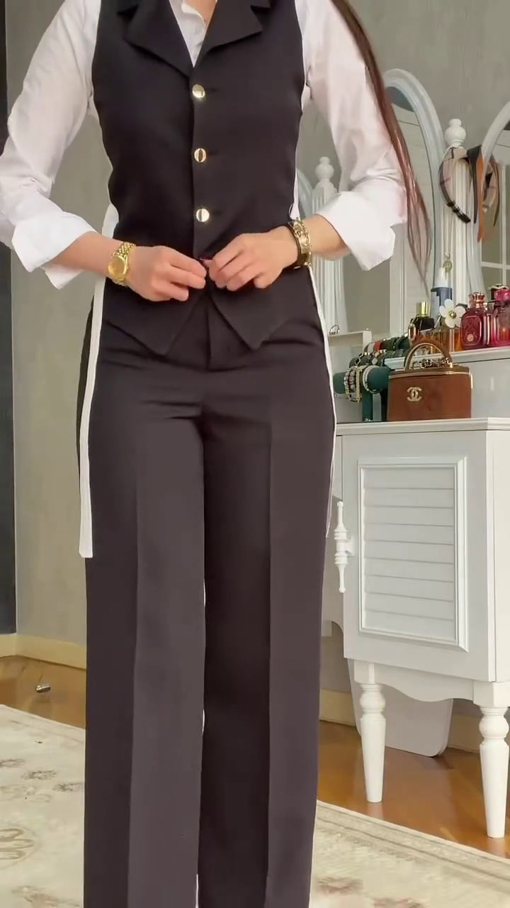 Women’s Elegant Formal Three-Piece Inspired Outfit | Sleeveless Tailored Vest with White Shirt & Wide-Leg Trousers