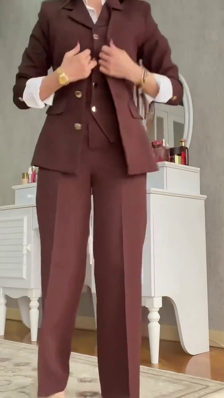 Women’s Elegant Formal Three-Piece Inspired Outfit | Sleeveless Tailored Vest with White Shirt & Wide-Leg Trousers