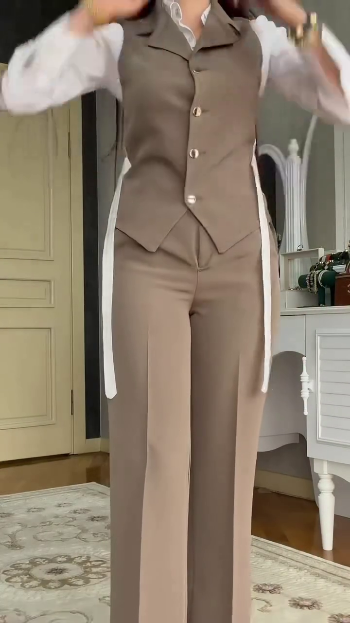Women’s Elegant Formal Three-Piece Inspired Outfit | Sleeveless Tailored Vest with White Shirt & Wide-Leg Trousers