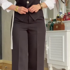Women’s Elegant Formal Three-Piece Inspired Outfit | Sleeveless Tailored Vest with White Shirt & Wide-Leg Trousers
