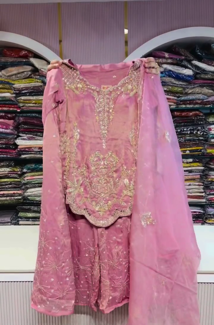 Elegant Premium Pink Embroidered Girls Ethnic Dress Set with Detailed Golden Work, Flared Bottom & Matching Dupatta – Festive & Party Wear