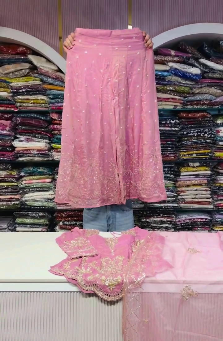 Elegant Premium Pink Embroidered Girls Ethnic Dress Set with Detailed Golden Work, Flared Bottom & Matching Dupatta – Festive & Party Wear