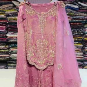Elegant Premium Pink Embroidered Girls Ethnic Dress Set with Detailed Golden Work, Flared Bottom & Matching Dupatta – Festive & Party Wear