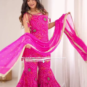 Premium Vibrant Pink Designer Ethnic Sharara Set with Printed Kurti, Flared Sharara Pants, Matching Embellished Dupatta & Decorative Border – Festive Party Wear