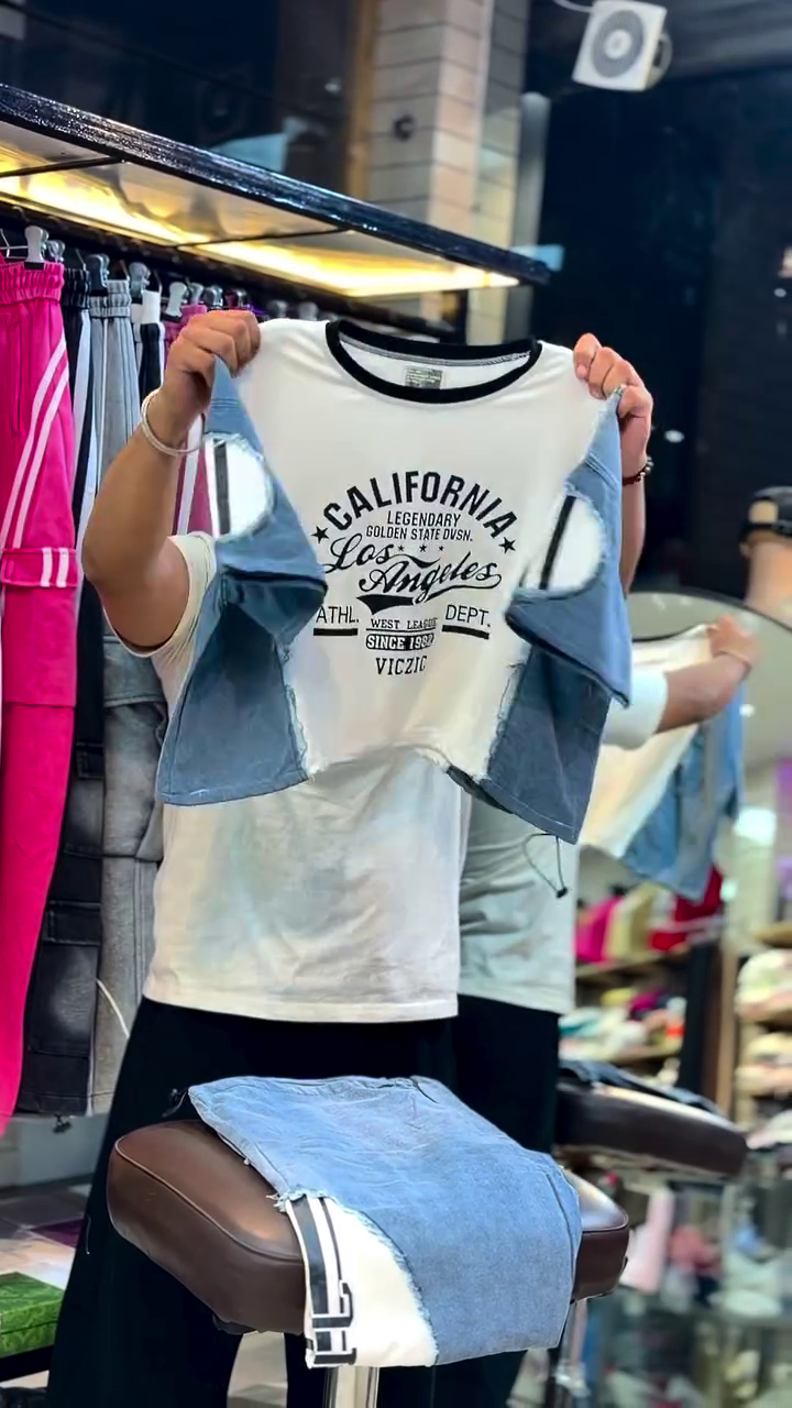 Trendy Women’s White & Denim Blue Contrast Panel Crop-Style T-Shirt with Statement Graphic Print, Round Neck, Short Sleeves & Stylish Casual Streetwear Design 👕💙🤍✨