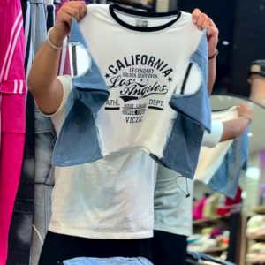 Trendy Women’s White & Denim Blue Contrast Panel Crop-Style T-Shirt with Statement Graphic Print, Round Neck, Short Sleeves & Stylish Casual Streetwear Design 👕💙🤍✨