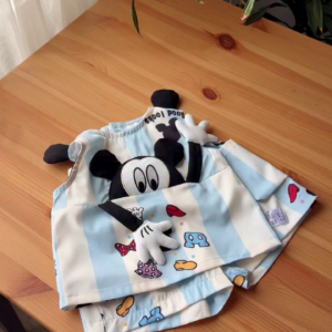 Adorable Kids’ Light Blue & White Cartoon Character Printed Two-Piece Summer Co-Ord Set with Cute Character Detailing, Elastic Waist Shorts & Matching Short-Sleeve Top 🧸🩵✨